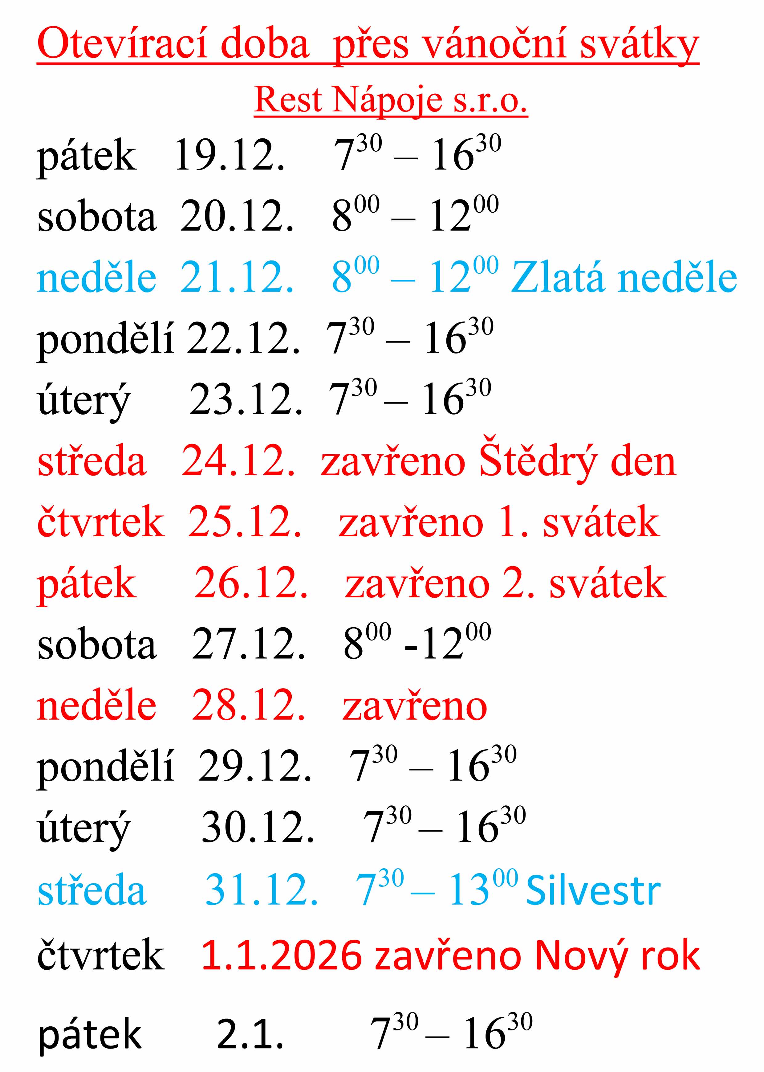 Otevírací doba Vánoce 2025